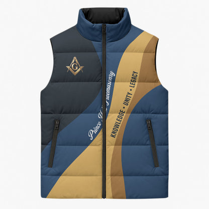 Prince Hall Freemasonry Sleeveless Puffer Jacket Square and Compasses Gold Blue Geometric