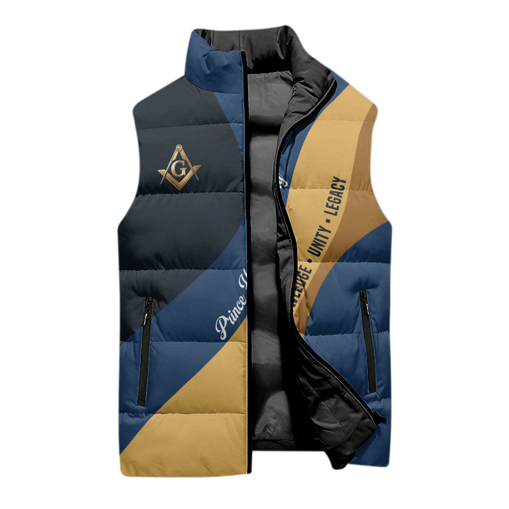 Prince Hall Freemasonry Sleeveless Puffer Jacket Square and Compasses Gold Blue Geometric