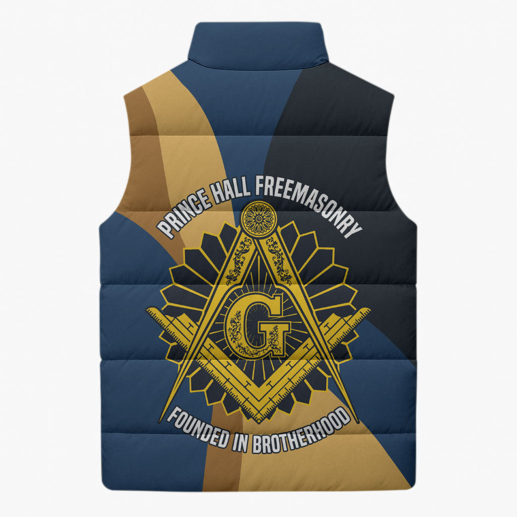 Prince Hall Freemasonry Sleeveless Puffer Jacket Square and Compasses Gold Blue Geometric