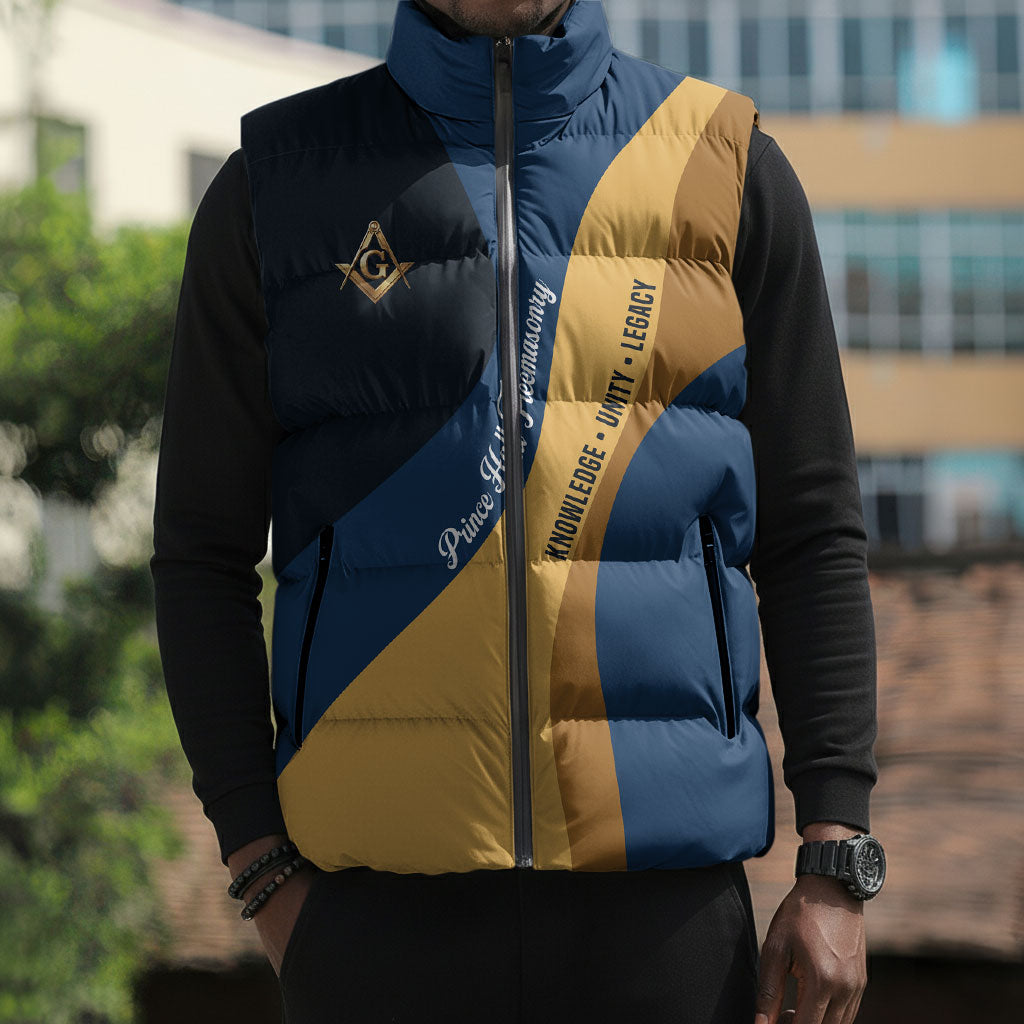 Prince Hall Freemasonry Sleeveless Puffer Jacket Square and Compasses Gold Blue Geometric