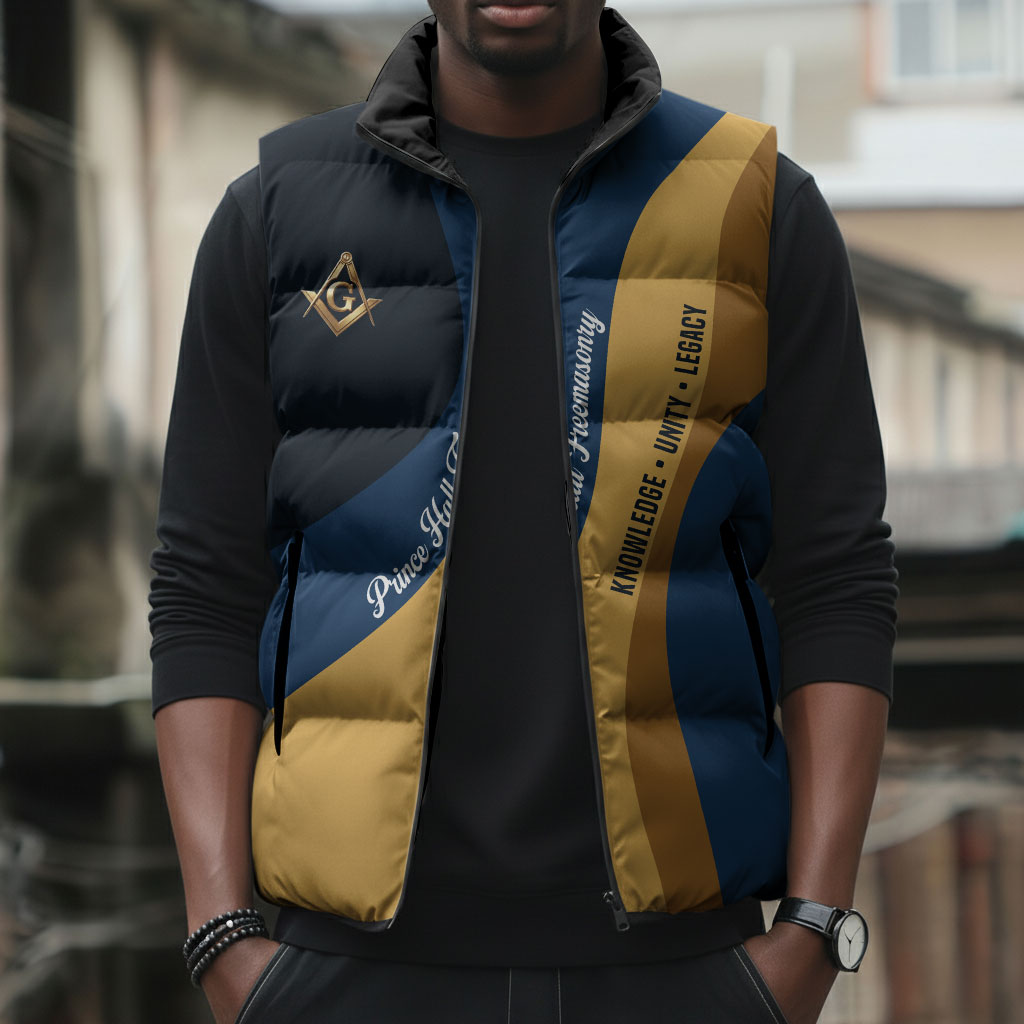 Prince Hall Freemasonry Sleeveless Puffer Jacket Square and Compasses Gold Blue Geometric