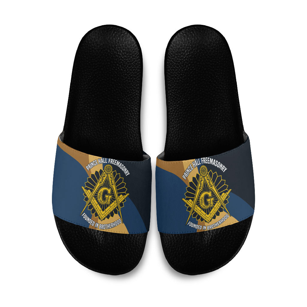 Prince Hall Freemasonry Slide Sandals Square and Compasses Gold Blue Geometric