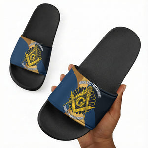 Prince Hall Freemasonry Slide Sandals Square and Compasses Gold Blue Geometric