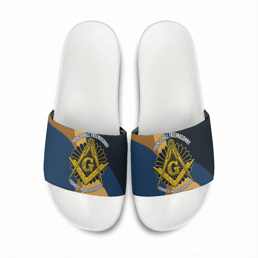 Prince Hall Freemasonry Slide Sandals Square and Compasses Gold Blue Geometric