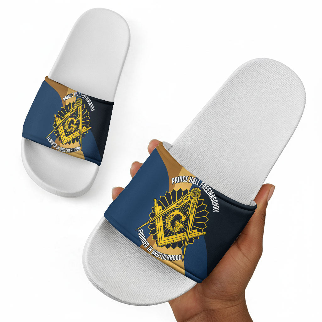 Prince Hall Freemasonry Slide Sandals Square and Compasses Gold Blue Geometric