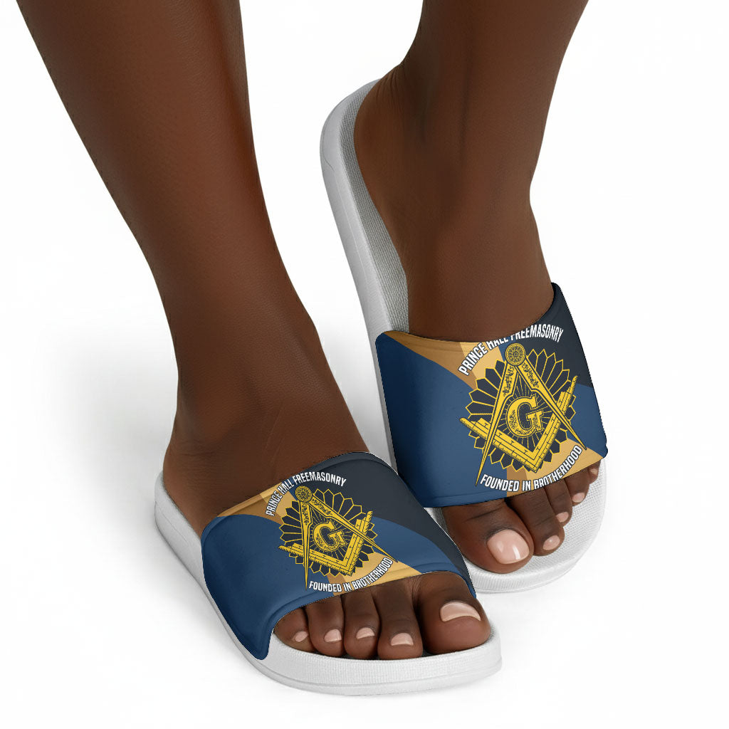 Prince Hall Freemasonry Slide Sandals Square and Compasses Gold Blue Geometric