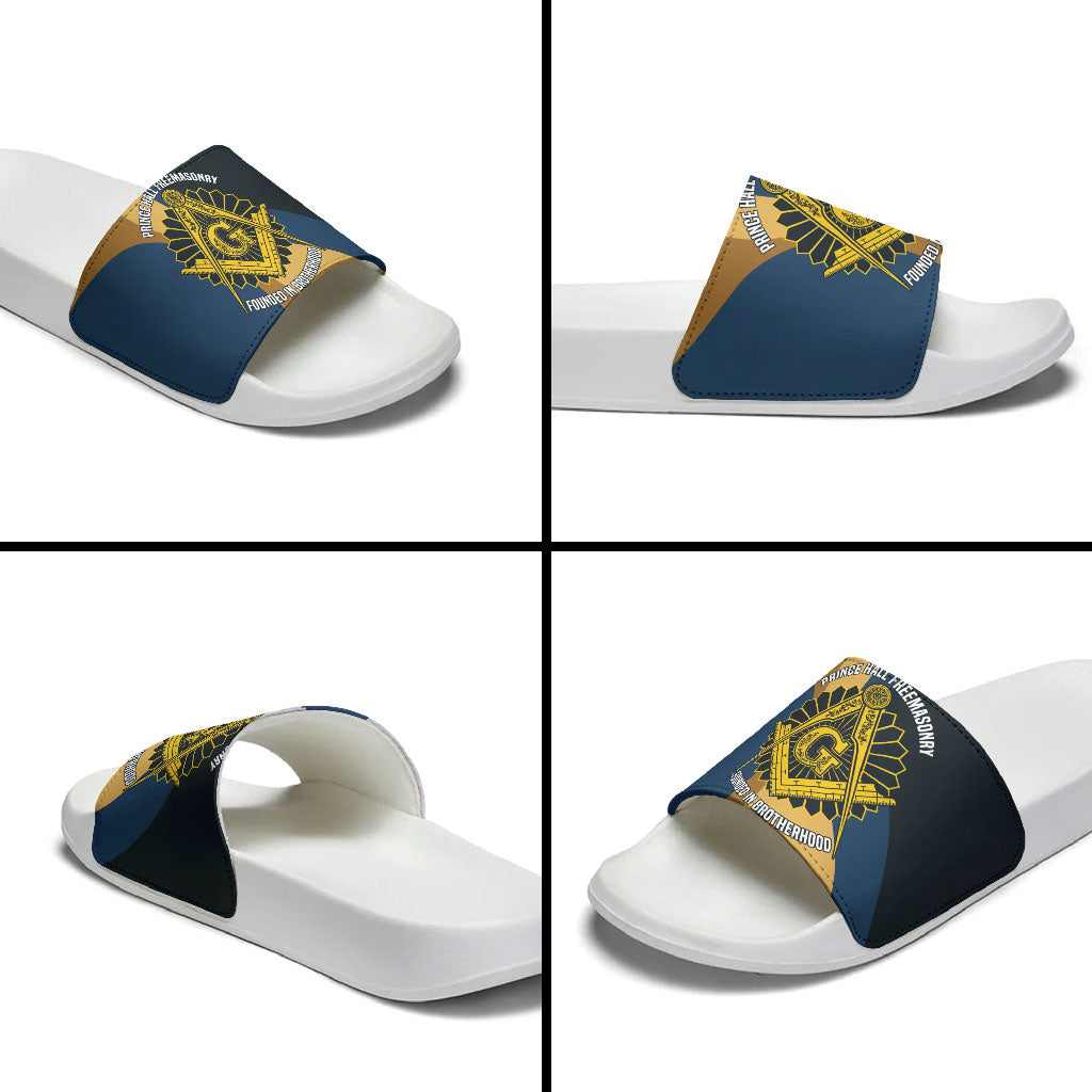 Prince Hall Freemasonry Slide Sandals Square and Compasses Gold Blue Geometric