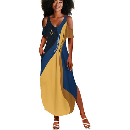 Prince Hall Freemasonry Summer Maxi Dress Square and Compasses Gold Blue Geometric