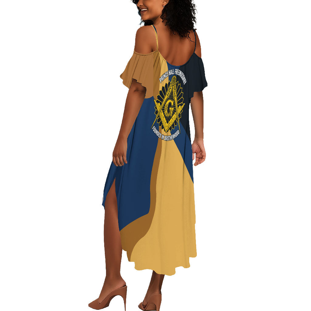 Prince Hall Freemasonry Summer Maxi Dress Square and Compasses Gold Blue Geometric
