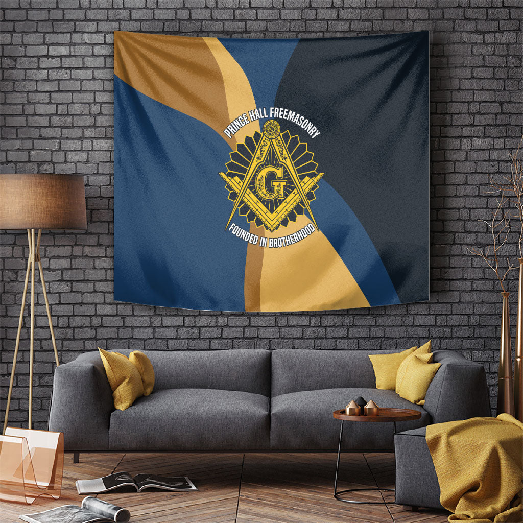 Prince Hall Freemasonry Tapestry Square and Compasses Gold Blue Geometric