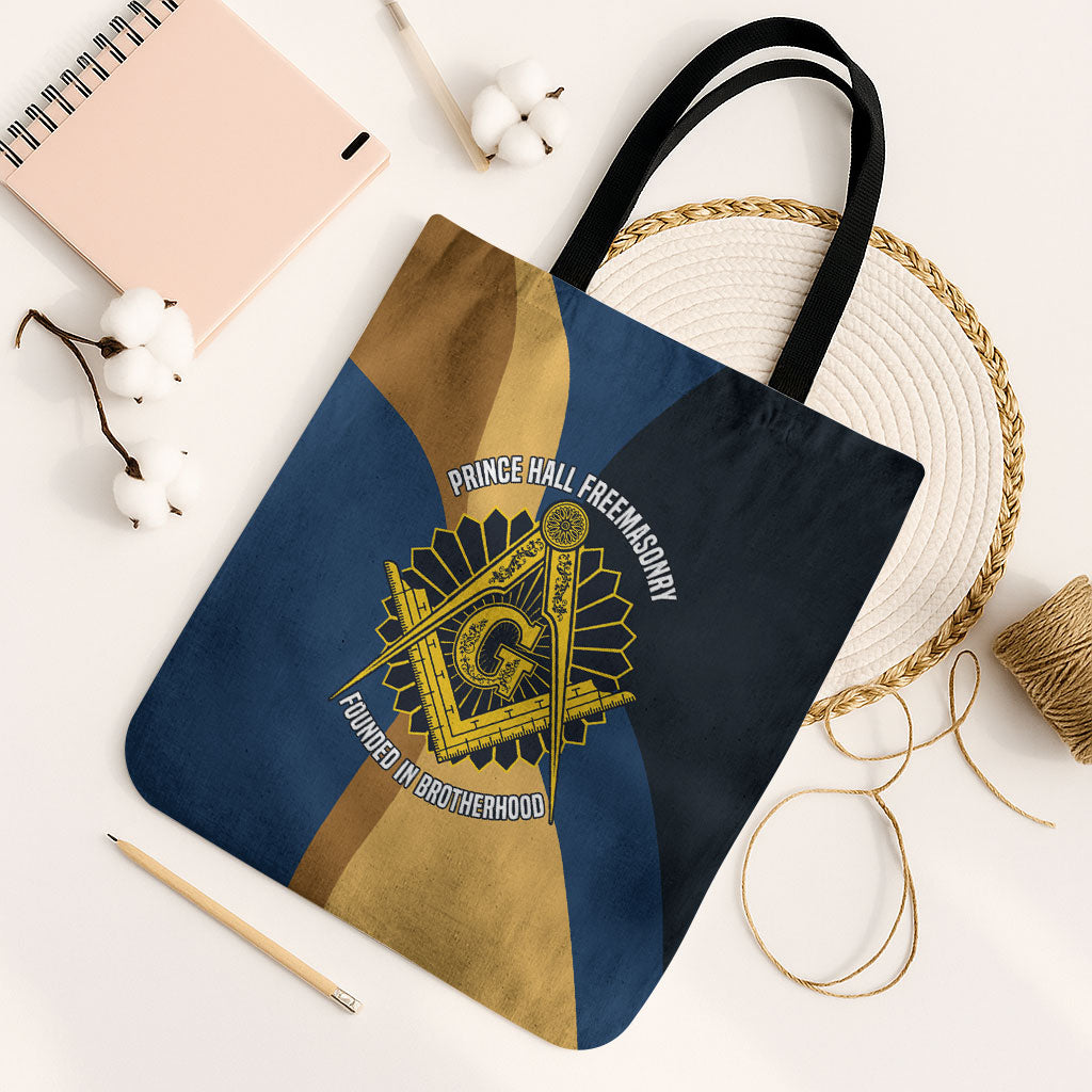 Prince Hall Freemasonry Tote Bag Square and Compasses Gold Blue Geometric