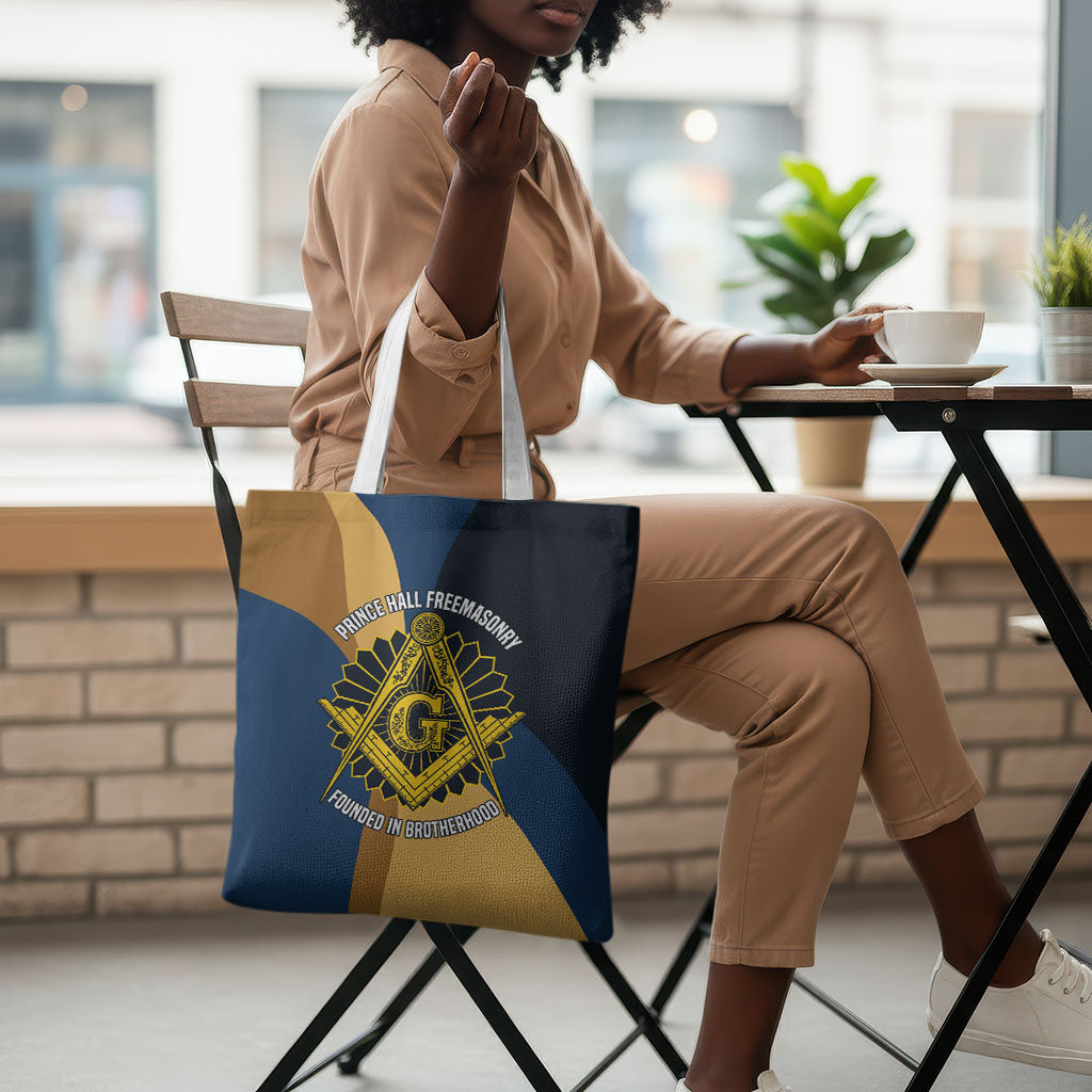 Prince Hall Freemasonry Tote Bag Square and Compasses Gold Blue Geometric