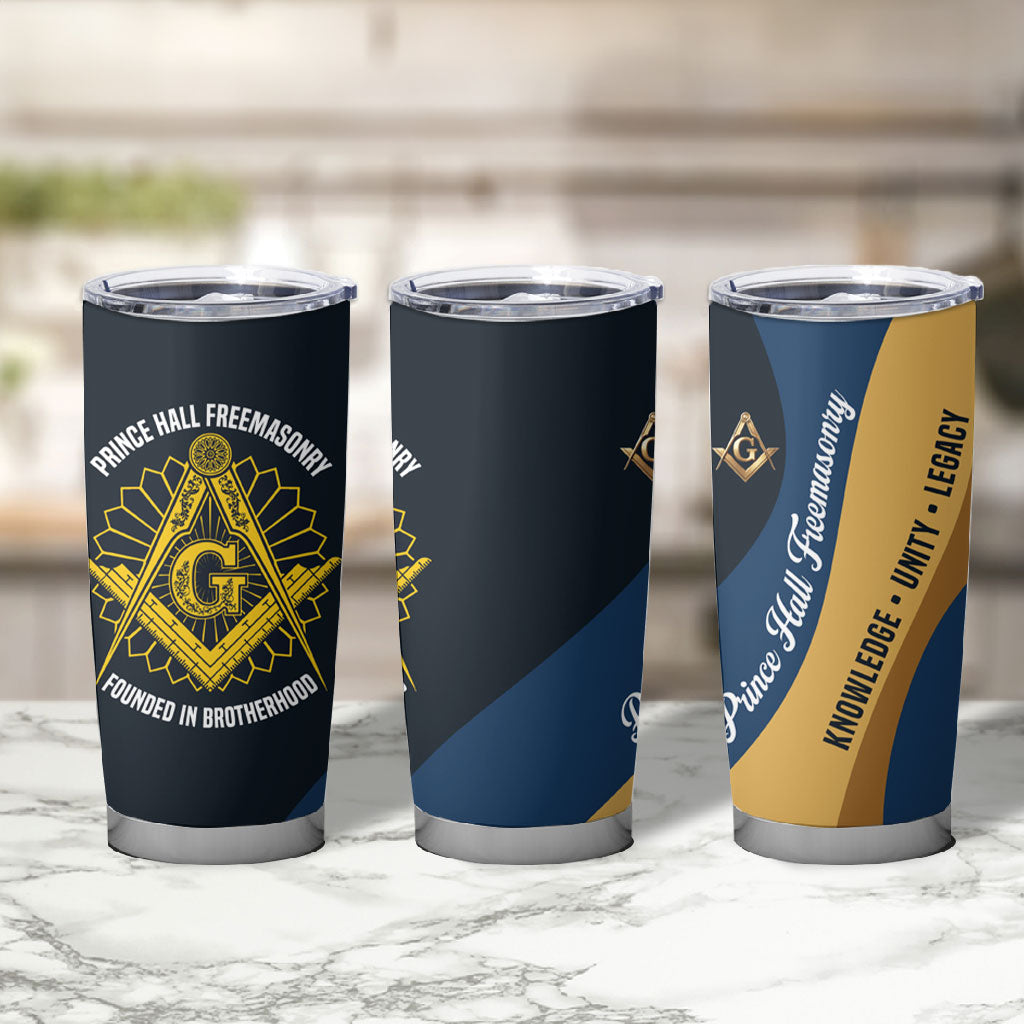 Prince Hall Freemasonry Tumbler Cup Square and Compasses Gold Blue Geometric