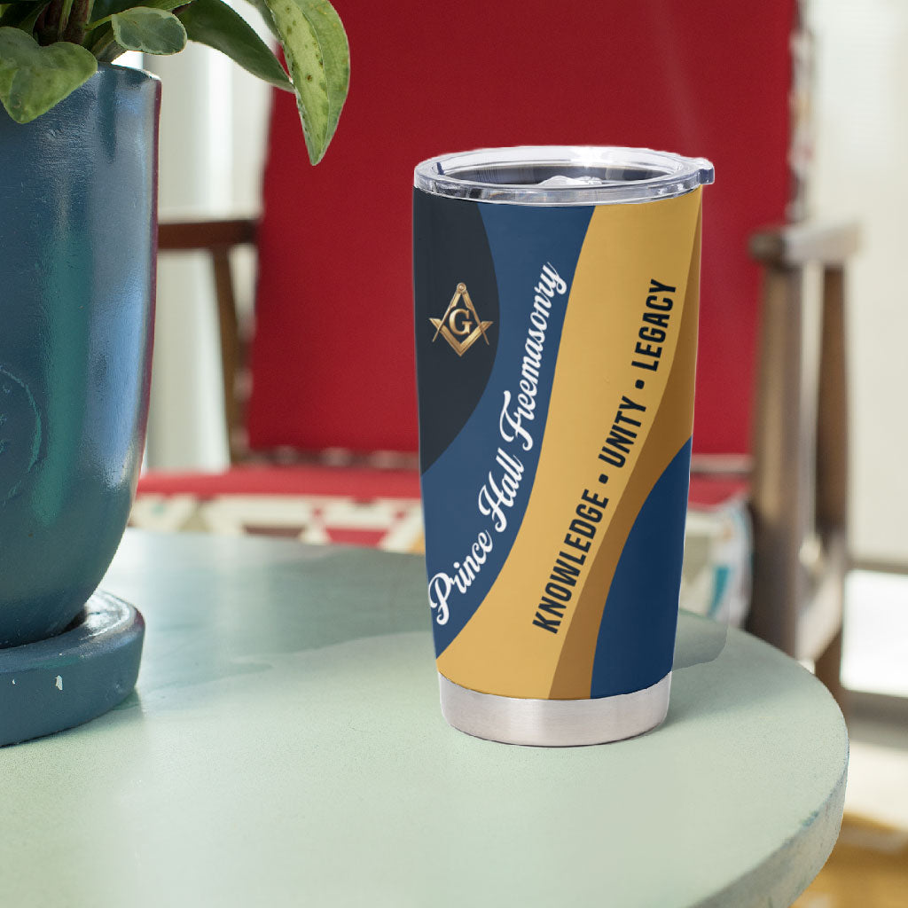Prince Hall Freemasonry Tumbler Cup Square and Compasses Gold Blue Geometric