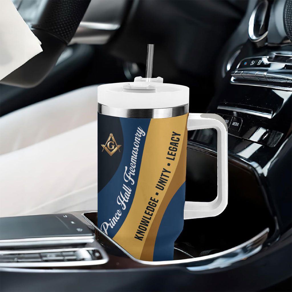 Prince Hall Freemasonry Tumbler With Handle Square and Compasses Gold Blue Geometric