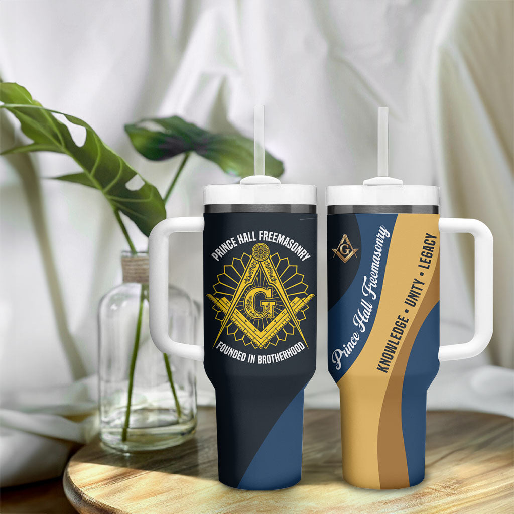 Prince Hall Freemasonry Tumbler With Handle Square and Compasses Gold Blue Geometric