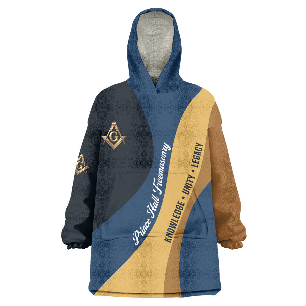 Prince Hall Freemasonry Wearable Blanket Hoodie Square and Compasses Gold Blue Geometric