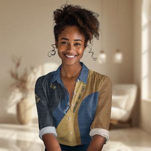 Prince Hall Freemasonry Women Casual Shirt Square and Compasses Gold Blue Geometric