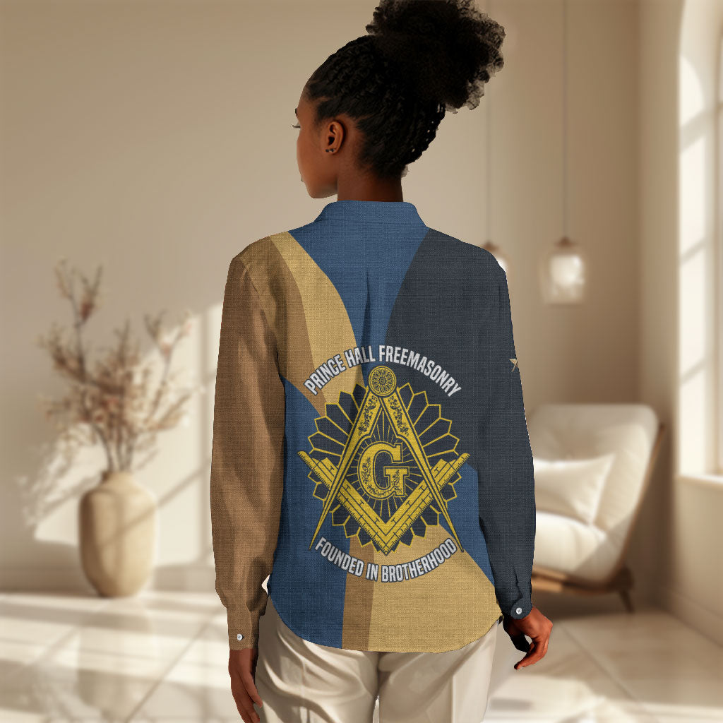 Prince Hall Freemasonry Women Casual Shirt Square and Compasses Gold Blue Geometric