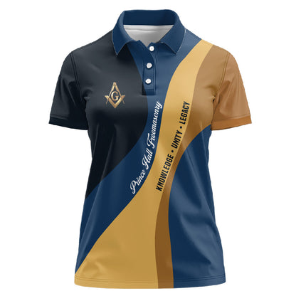 Prince Hall Freemasonry Women Polo Shirt Square and Compasses Gold Blue Geometric