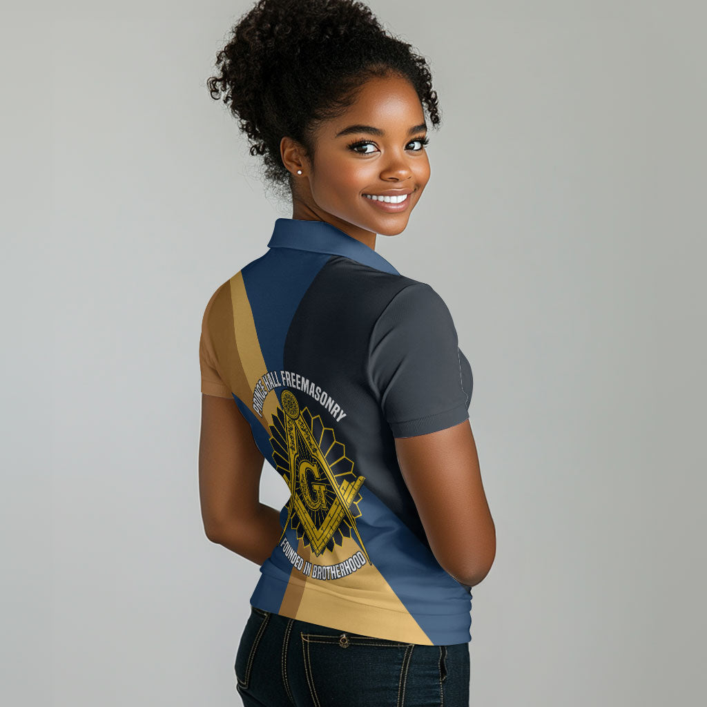 Prince Hall Freemasonry Women Polo Shirt Square and Compasses Gold Blue Geometric