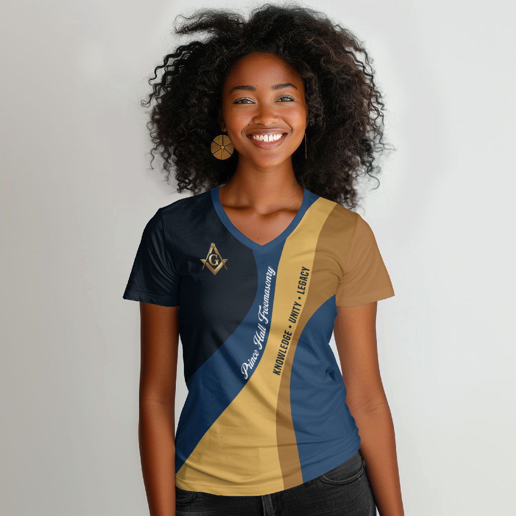 Prince Hall Freemasonry Women V-Neck T-Shirt Square and Compasses Gold Blue Geometric
