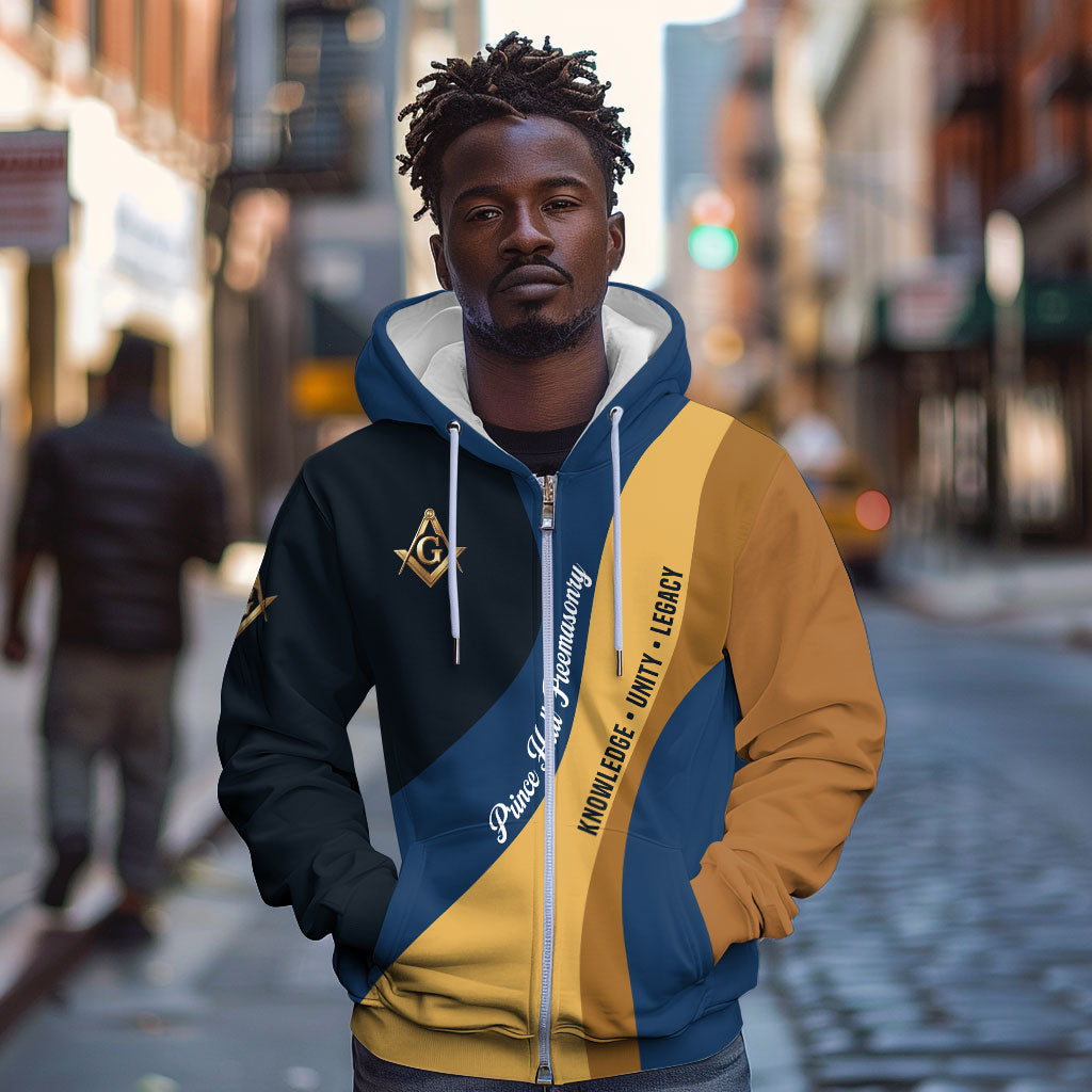 Prince Hall Freemasonry Zip Hoodie Square and Compasses Gold Blue Geometric