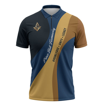 Prince Hall Freemasonry Zipper Polo Shirt Square and Compasses Gold Blue Geometric