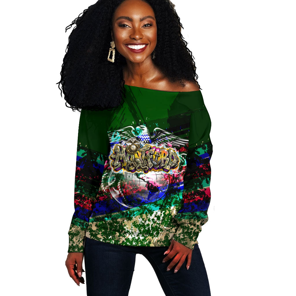 Montford Point Marines 1942 The First 20000 Off Shoulder Sweater Vintage Vinyl Record Camouflage Graffiti Art