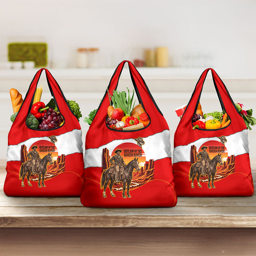Isom Dart Outlaw Of The Green River Browns Park Grocery Bag Vintage Western Black Cowboy Skull Desert Sunset