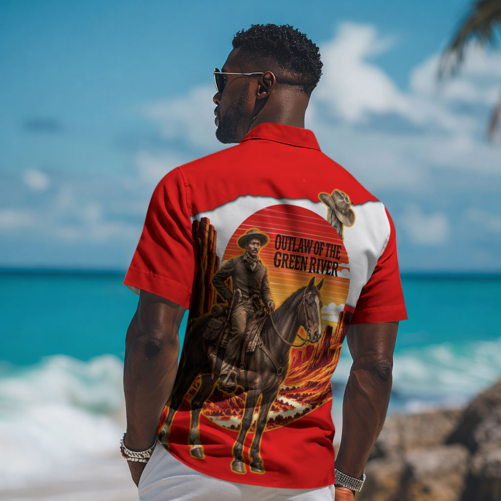 Isom Dart Outlaw Of The Green River Browns Park Hawaiian Shirt Vintage Western Black Cowboy Skull Desert Sunset