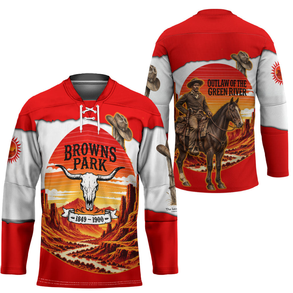 Isom Dart Outlaw Of The Green River Browns Park Hockey Jersey Vintage Western Black Cowboy Skull Desert Sunset