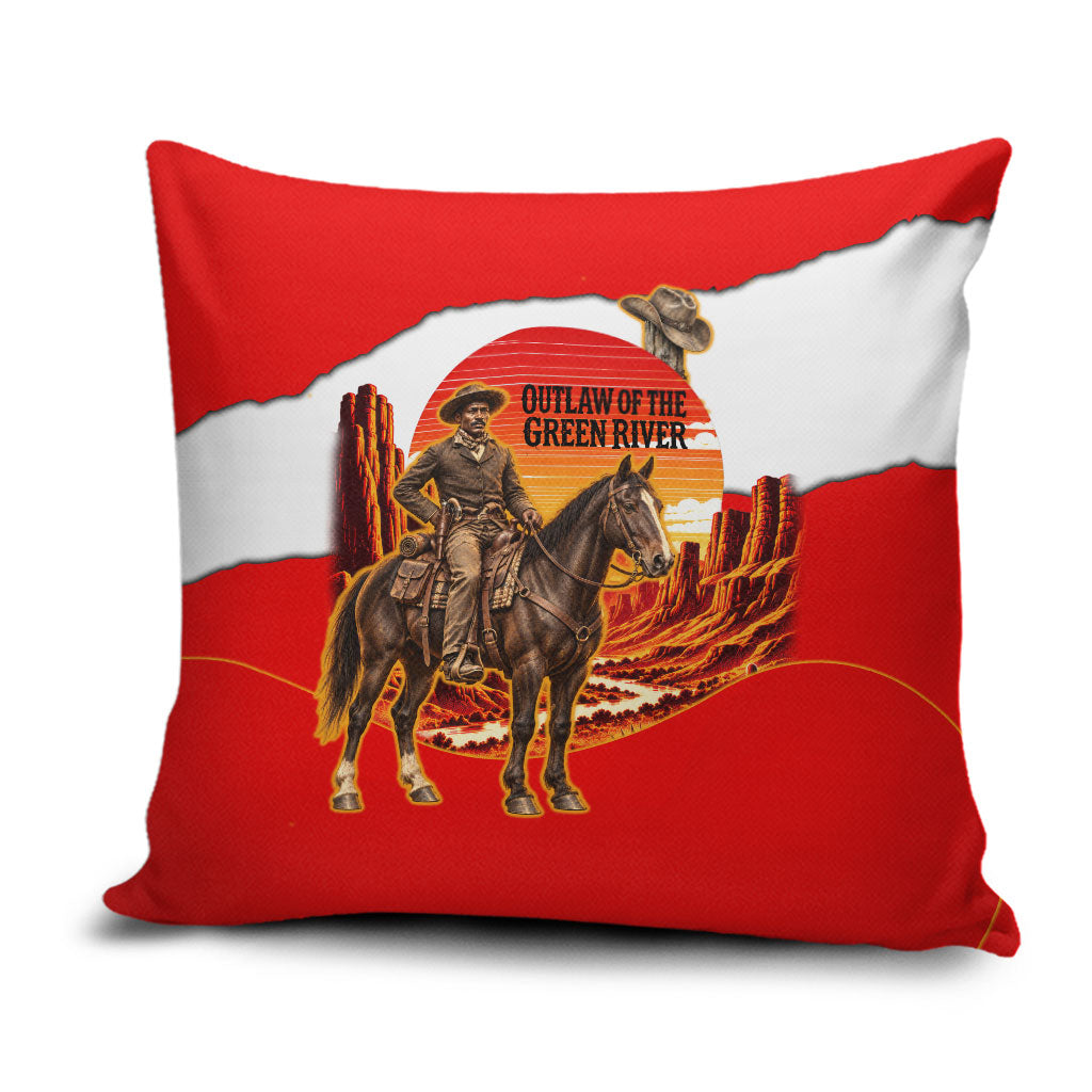 Isom Dart Outlaw Of The Green River Browns Park Pillow Cover Vintage Western Black Cowboy Skull Desert Sunset