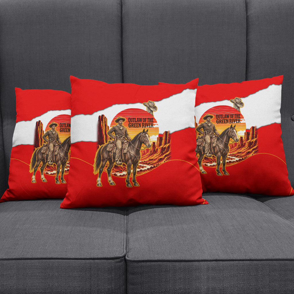 Isom Dart Outlaw Of The Green River Browns Park Pillow Cover Vintage Western Black Cowboy Skull Desert Sunset