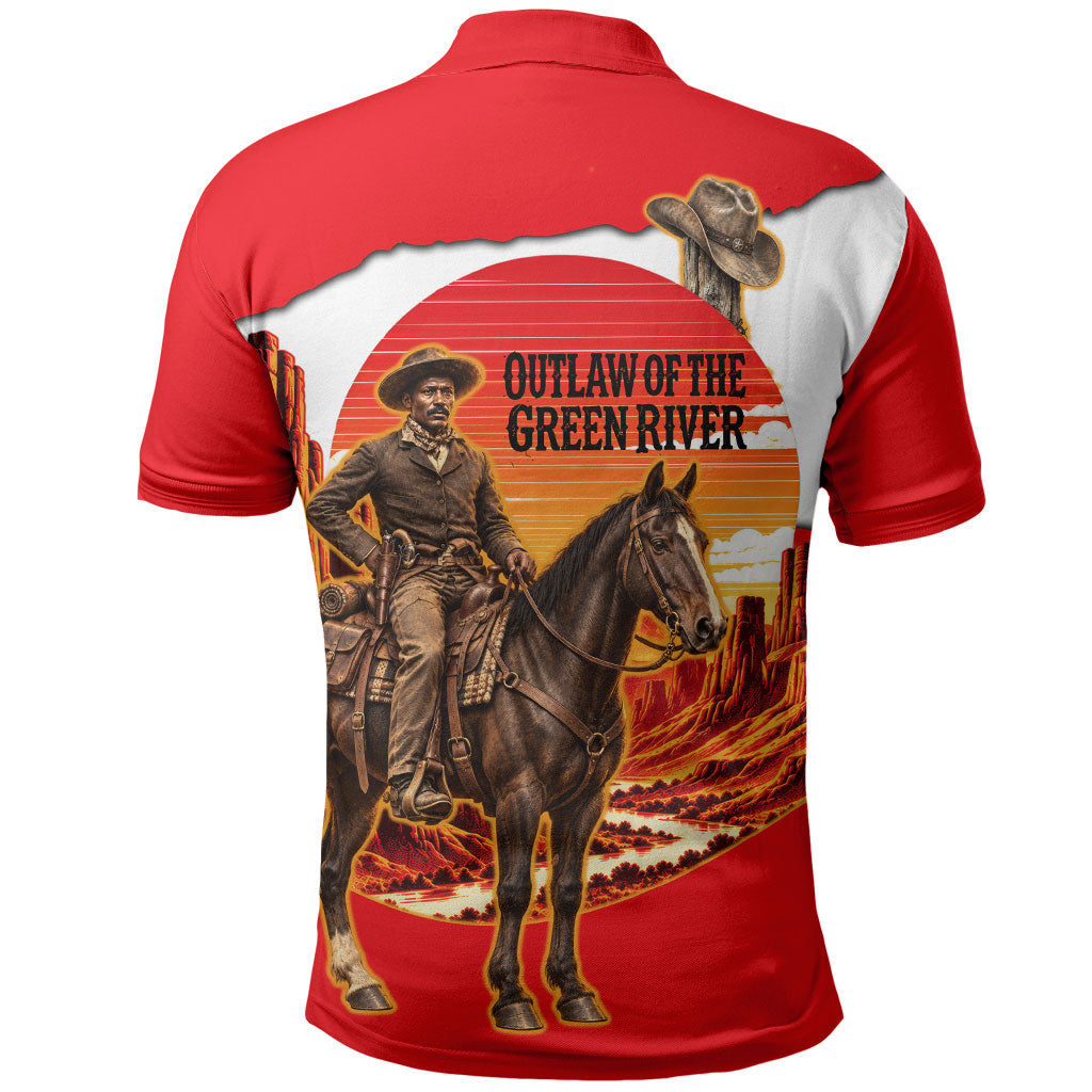 Isom Dart Outlaw Of The Green River Browns Park Polo Shirt Vintage Western Black Cowboy Skull Desert Sunset
