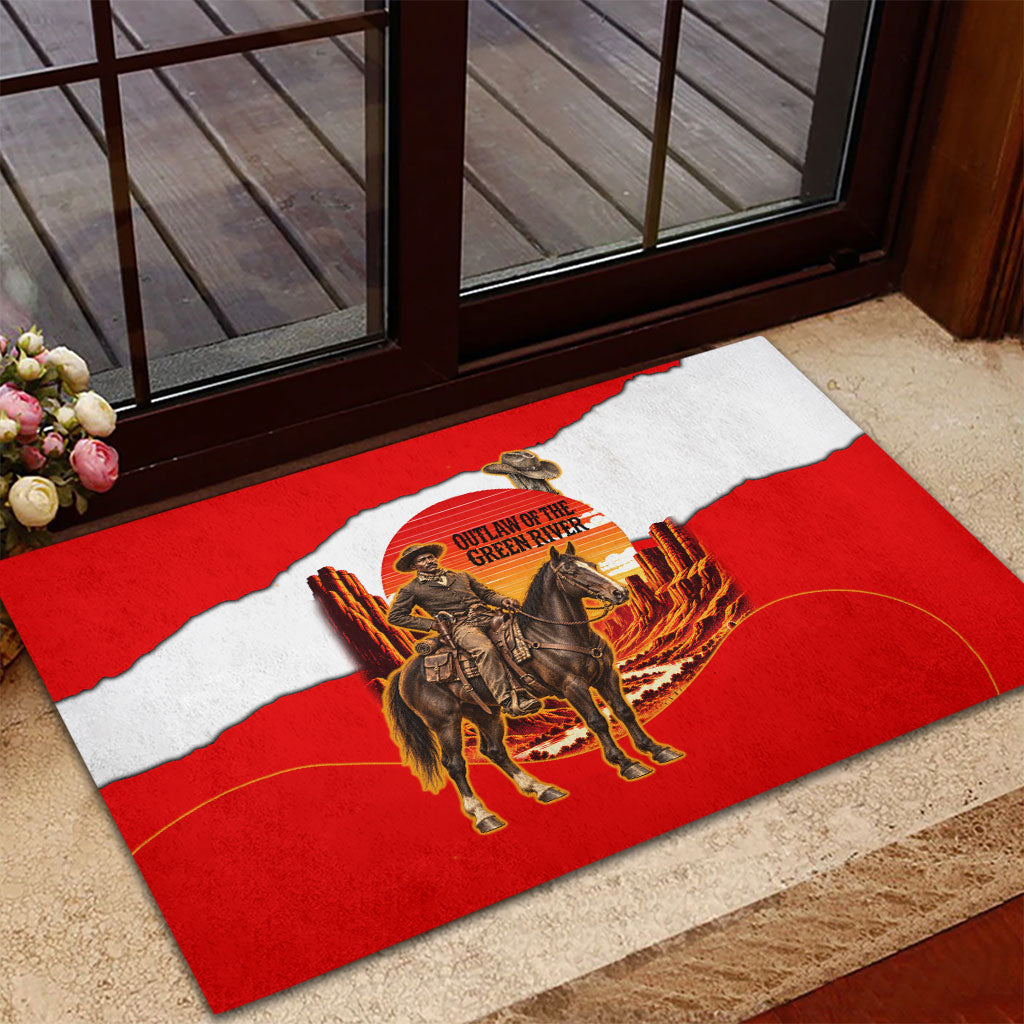 Isom Dart Outlaw Of The Green River Browns Park Rubber Doormat Vintage Western Black Cowboy Skull Desert Sunset