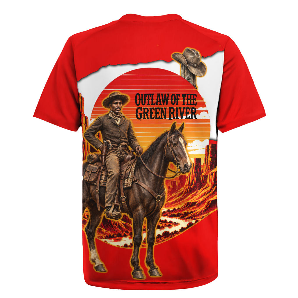 Isom Dart Outlaw Of The Green River Browns Park Rugby Jersey Vintage Western Black Cowboy Skull Desert Sunset