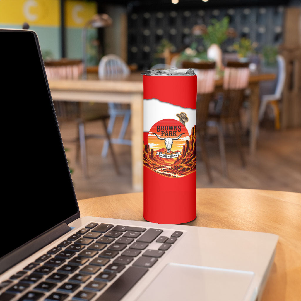 Isom Dart Outlaw Of The Green River Browns Park Skinny Tumbler Vintage Western Black Cowboy Skull Desert Sunset