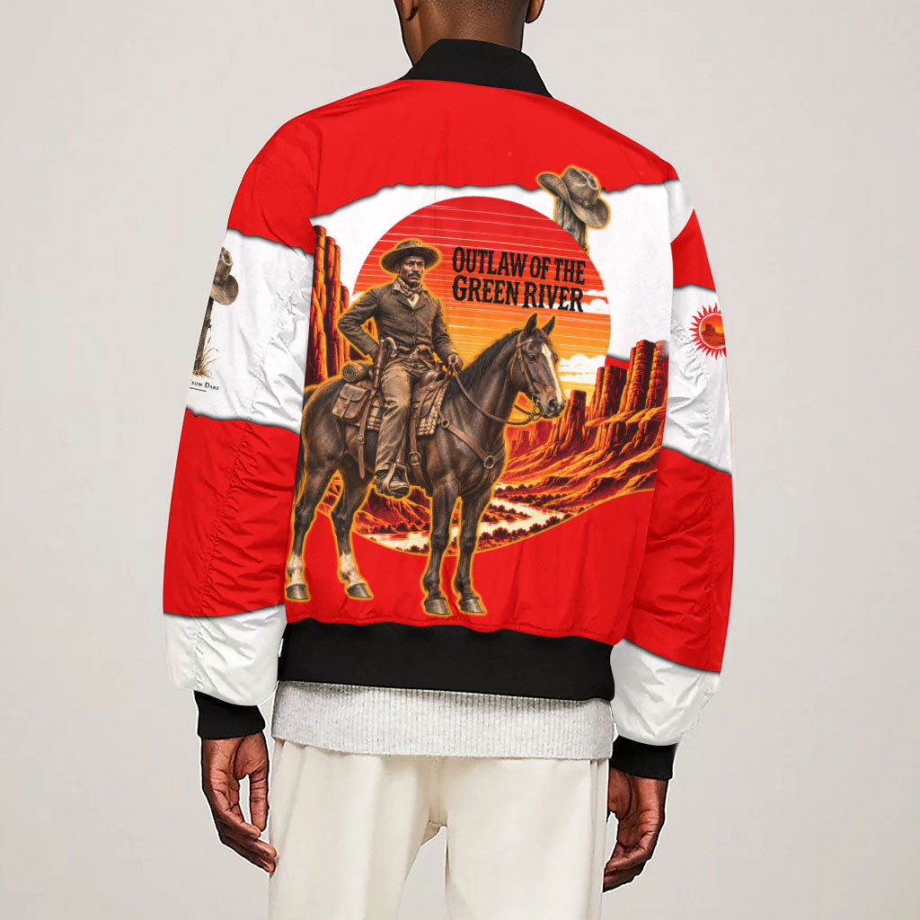 Isom Dart Outlaw Of The Green River Browns Park Sleeve Zip Bomber Jacket Vintage Western Black Cowboy Skull Desert Sunset