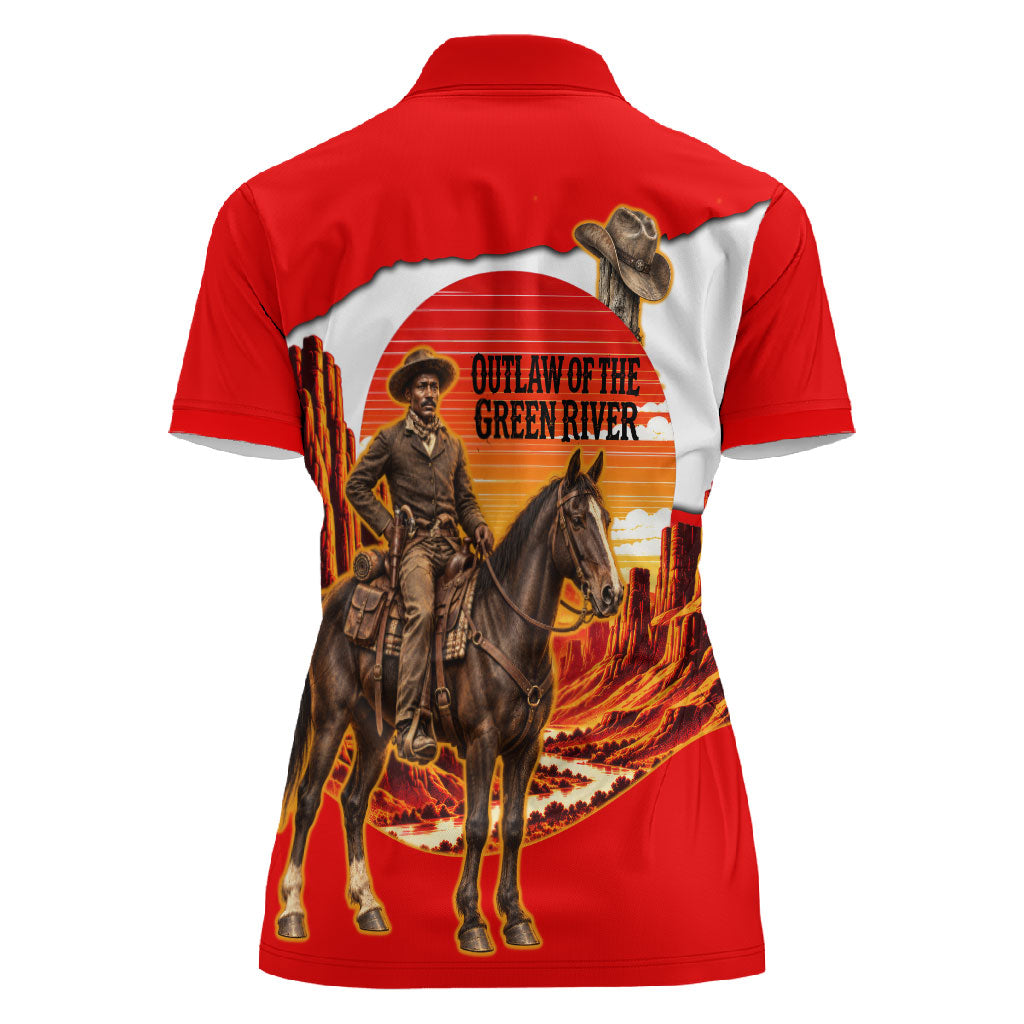 Isom Dart Outlaw Of The Green River Browns Park Women Polo Shirt Vintage Western Black Cowboy Skull Desert Sunset