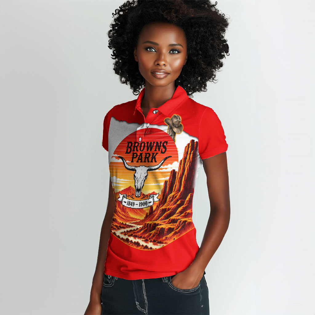 Isom Dart Outlaw Of The Green River Browns Park Women Polo Shirt Vintage Western Black Cowboy Skull Desert Sunset