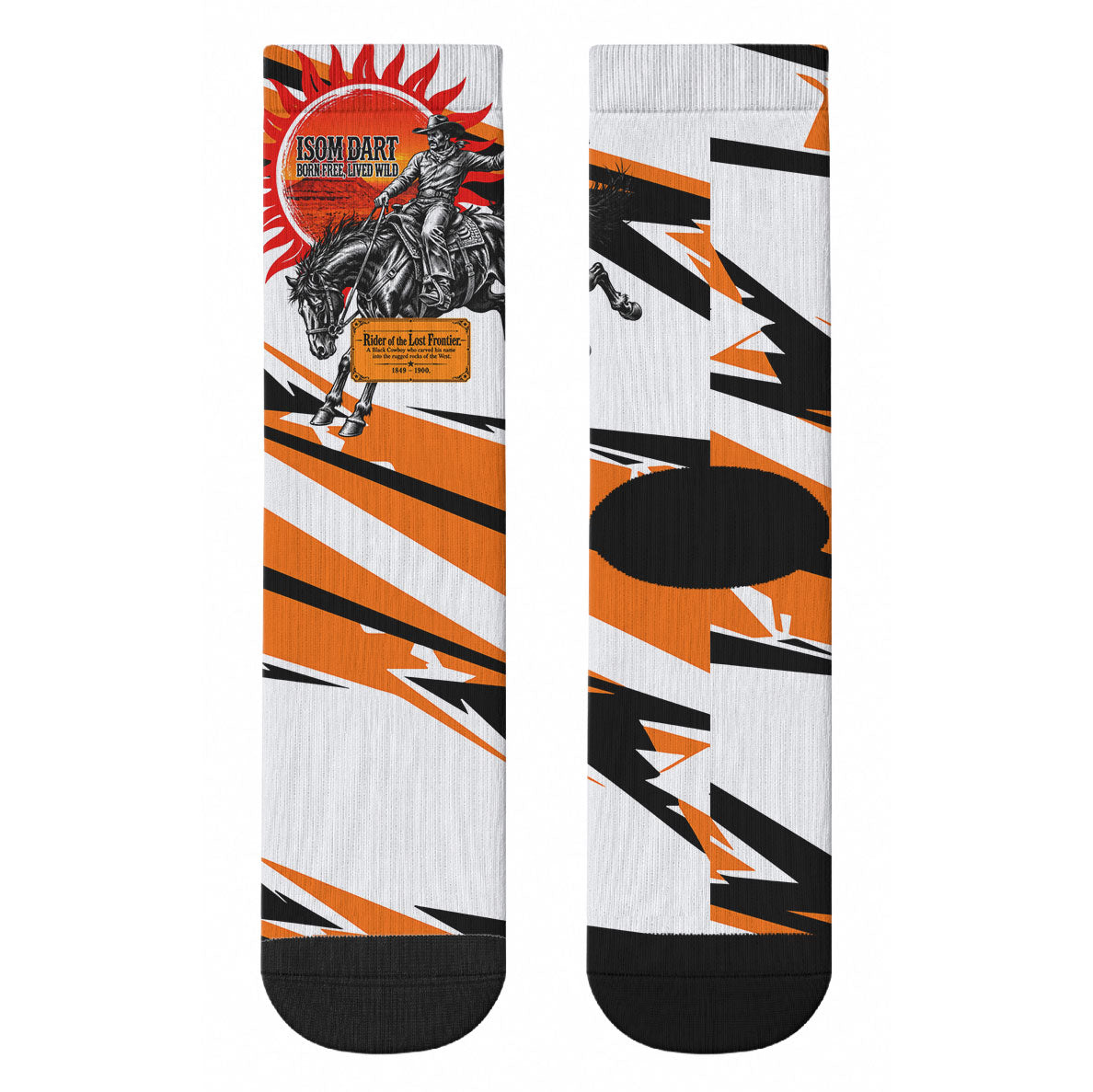 Isom Dart Black Cowboy Rider Of The Lost Frontier Crew Socks Vintage Western Outlaw Graphic Illustration Wild West Legend