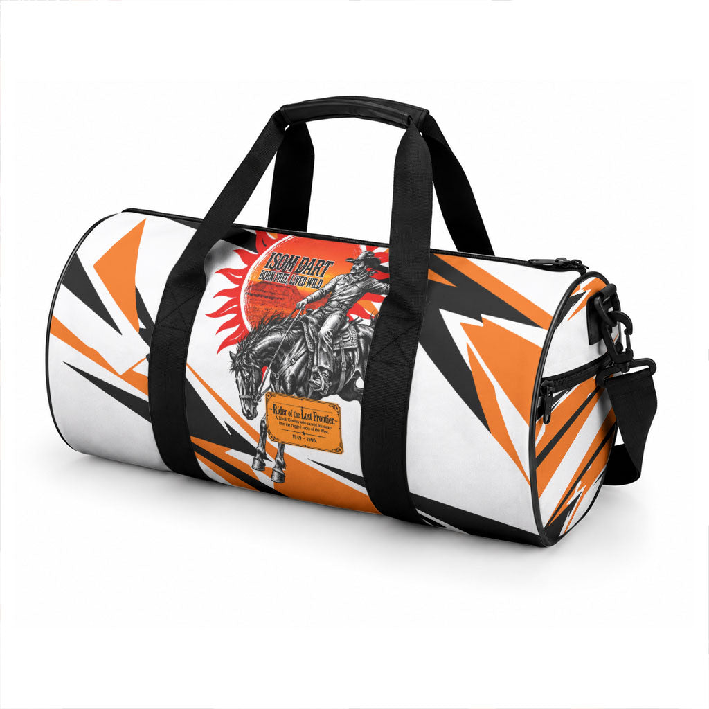 Isom Dart Black Cowboy Rider Of The Lost Frontier Duffle Bag Vintage Western Outlaw Graphic Illustration Wild West Legend