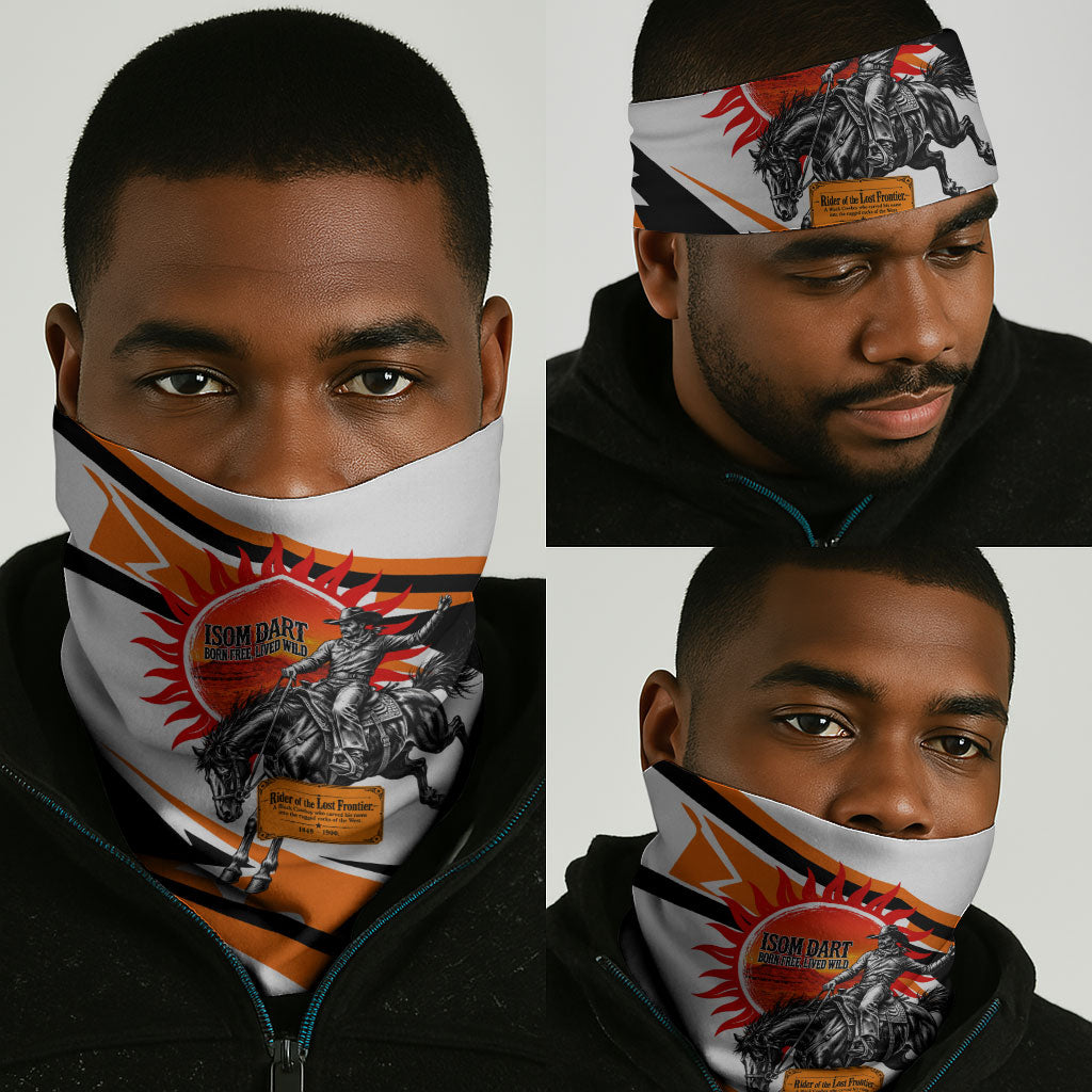 Isom Dart Black Cowboy Rider Of The Lost Frontier Neck Gaiter Vintage Western Outlaw Graphic Illustration Wild West Legend