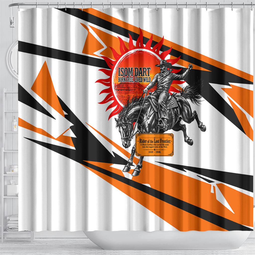 Isom Dart Black Cowboy Rider Of The Lost Frontier Shower Curtain Vintage Western Outlaw Graphic Illustration Wild West Legend