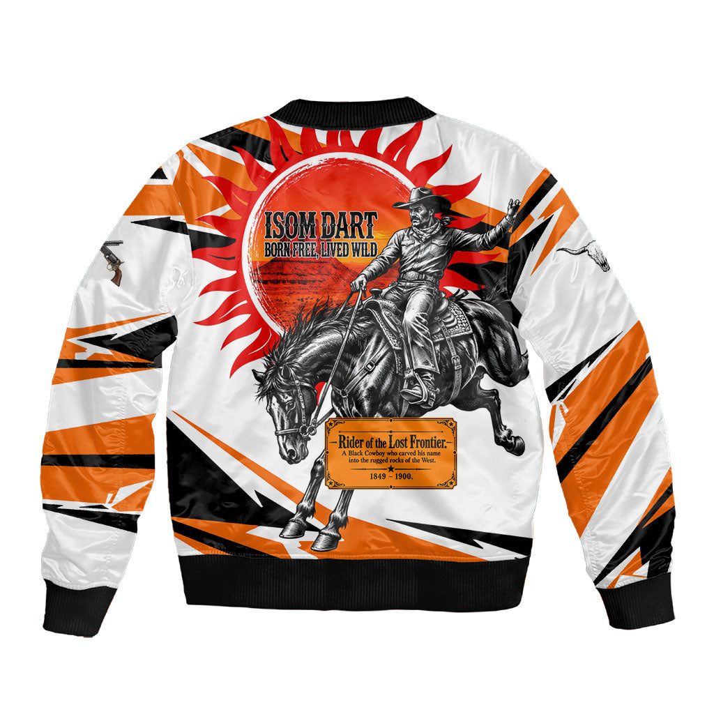 Isom Dart Black Cowboy Rider Of The Lost Frontier Sleeve Zip Bomber Jacket Vintage Western Outlaw Graphic Illustration Wild West Legend