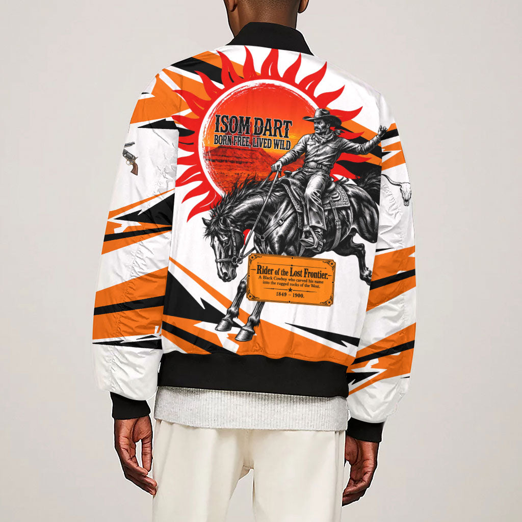 Isom Dart Black Cowboy Rider Of The Lost Frontier Sleeve Zip Bomber Jacket Vintage Western Outlaw Graphic Illustration Wild West Legend