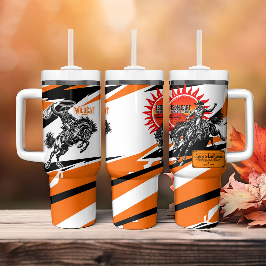 Isom Dart Black Cowboy Rider Of The Lost Frontier Tumbler With Handle Vintage Western Outlaw Graphic Illustration Wild West Legend