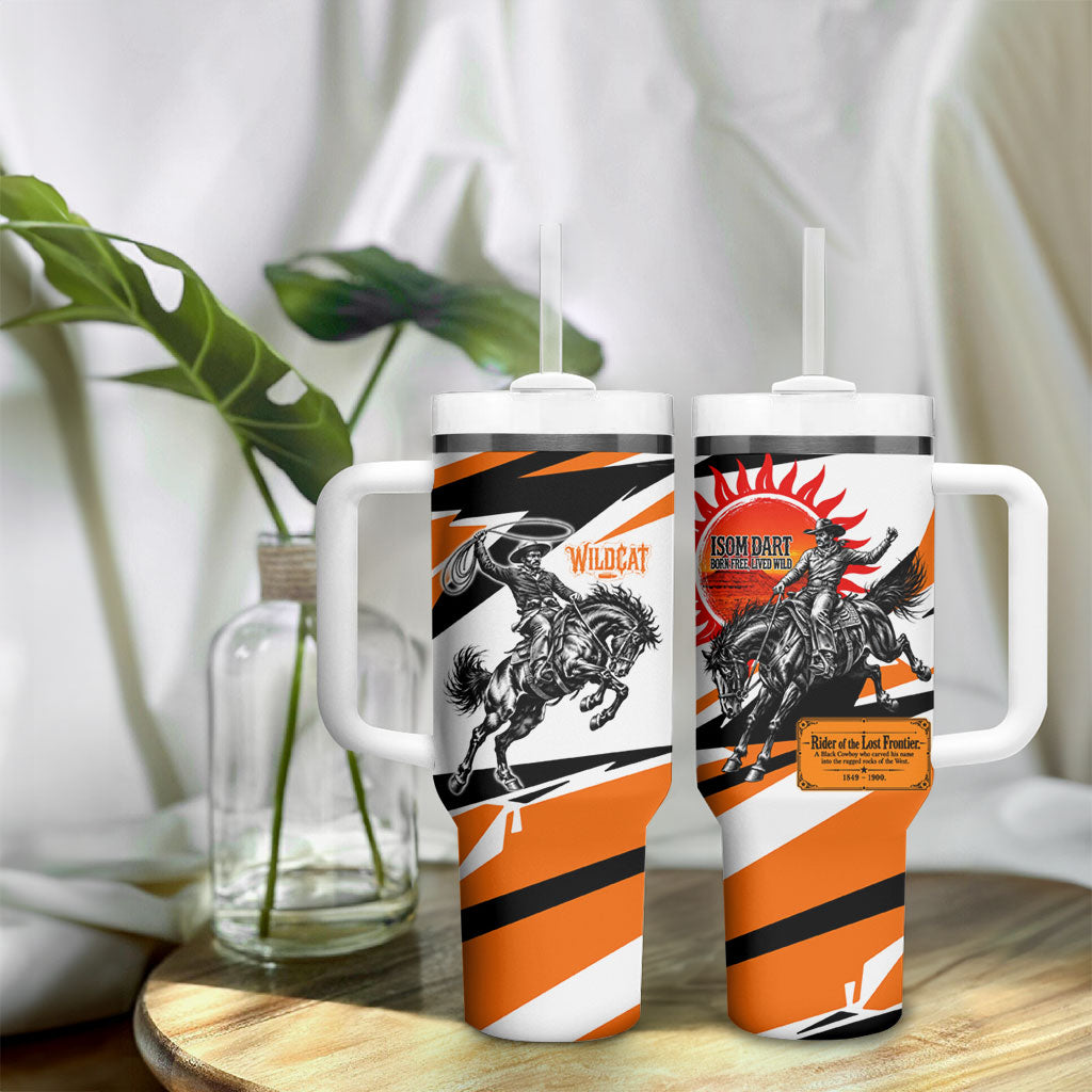 Isom Dart Black Cowboy Rider Of The Lost Frontier Tumbler With Handle Vintage Western Outlaw Graphic Illustration Wild West Legend