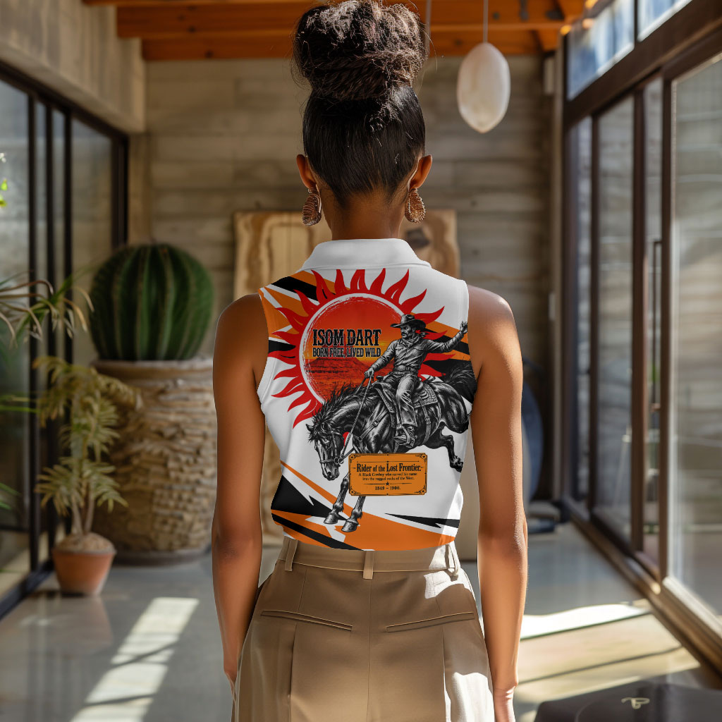 Isom Dart Black Cowboy Rider Of The Lost Frontier Women Sleeveless Polo Shirt Vintage Western Outlaw Graphic Illustration Wild West Legend